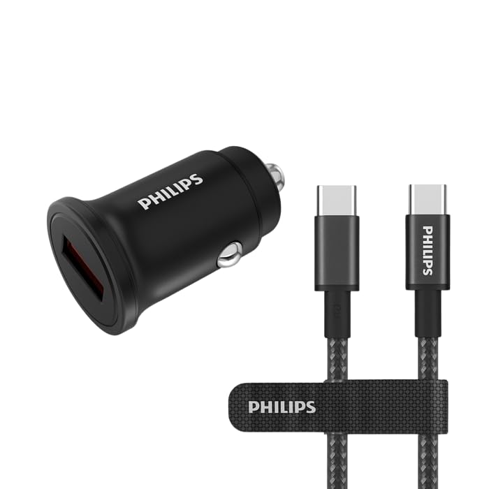 Philips Cargador de Coche DLP4309BC/04 - Cargador de Coche USB C 36W y 30W - Cargador de Coche USB C con protocolos de Carga rápida - Cargador de Encendedor de Cigarrillos 12V 24V - Cable USB-C
