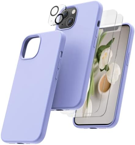 OIIAEE [5-in-1] for iPhone 13 Case 6.1",Liquid Silicone case with 2 Pack Screen Protector & 2 Pack Camera Protector, Ultra Slim Shockproof Soft Anti-Scratch Microfiber LiningBlack