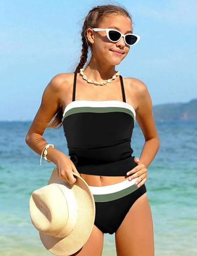 Image of NAPU Girls Swimsuit Color Block Tankini Swimsuit Quick Dry 2 Piece Bathing Suit for Girls 9-16 Years Teens Swimwear Summer