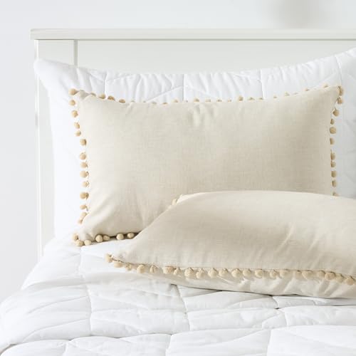 Image of 100% Cotton Pom Pom Cushion Without Filler, Elegant & Modern Cushion Cover for Living Room, Rectangle, 12 inchx20 inch, uni Chambray, Set of 2 - Beige