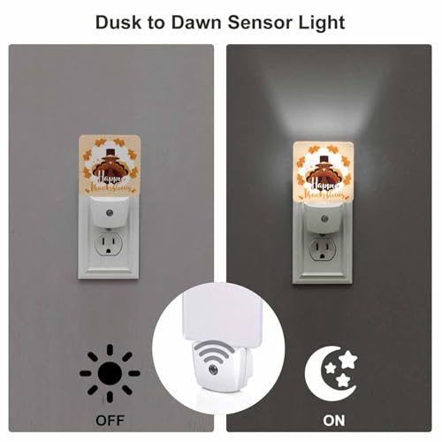 Image of LED Night Light Plug into Wall with Dusk to Dawn Light Sensor White Energy Efficient Happy Thanksgiving Turkey Leaves Nightlight for Bedroom Bathroom Hallway Living Room Kitchen