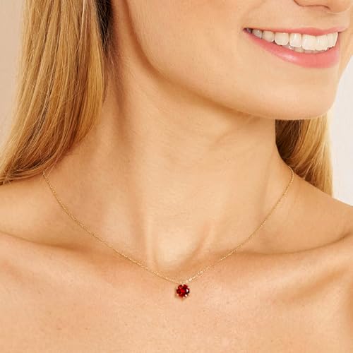 14k Gold 1CT Round Gemstone Necklace for Women 1 Carat 6.5MM Brilliant-Cut Created Birthstone Anniversary Birthday Mother's Day Classic Necklaces for Mom Her 16+2 inches4