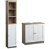 Deuba Badmöbel Set Weiß Eiche Waschbeckenunterschrank & Badezimmerhochschrank Unterschrank Hochschrank Bad Regal Holz