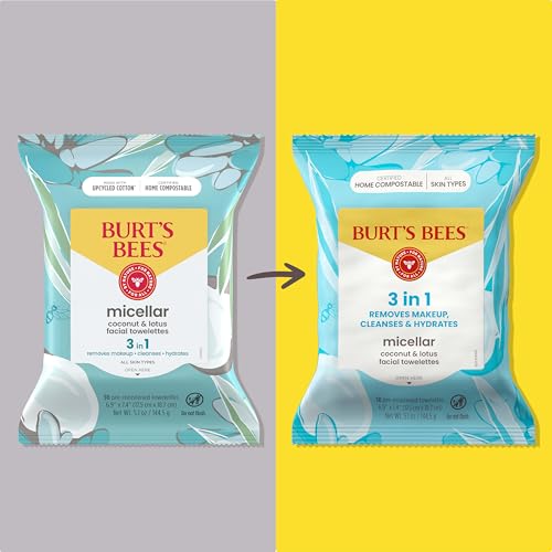 Burt's Bees Coconut & Lotus Face Wipes, for All Skin Types, Micellar Makeup Remover & Facial Cleansing Towelettes, 30 Ct. (3-Pack)