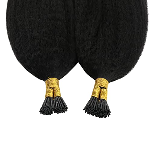 Image of YoungSee Kinky Straight I Tip Hair Extensions Human Hair Black 50g I Tip Extensions Remy Hair Kinky 80 Strands Itip Hair Extension Real Human Hair Yaki for Black Women Short 14Inch