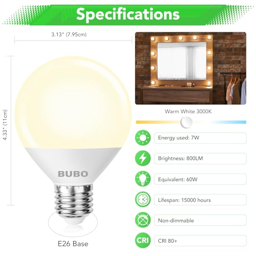 Image of BUBO Vanity Light Bulbs 60 Watt Equivalent, Bathroom Light Bulbs Warm White 3000K, G25 Globe Round Bulb 800 Lumens, E26 Medium Base, 7W, Non-Dimmable, 12 Pack