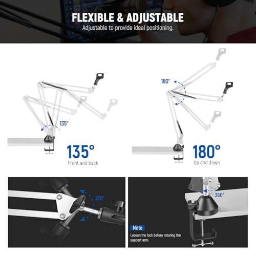 Image of NEEWER Suspension Boom Arm Scissor Mic Stand, Microphone Arm Desk Stand with 3 /8 inch to 5 /8 inch Screw, Cable Ties Compatible with Blue Yeti Snowball Yeti X Quadcast, Max Load 3.3lb /1.5kg, NW-35, White