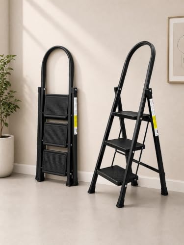 Image of KITCHIVO 3 Step Foldable Ladder with Safety Handrail, Wide Anti-Slip Steps & Non-Slip Feet, Heavy Duty Steel Step Ladder for Home, Kitchen & Office
