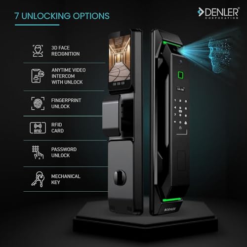 Image of Denler FLv2 8-in-1 Smart Door Lock | 3D Face ID | Fingerprint | App Unlock | LCD Camera | Inbuilt Wi-Fi | Alexa & Google Support | Android & iPhone | RFID | PIN | Key