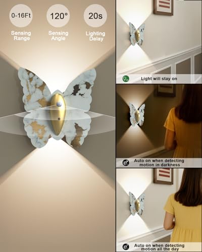 Image of Eneru Motion Sensor Wall Sconce Set of 2, Rechargeable Wall Lights, Indoor | 5000mAh Battery Operated Wall Sconces, Magnetic Butterfly Motion Night Light for Hallway Stair Closet Pantry, White & Gold