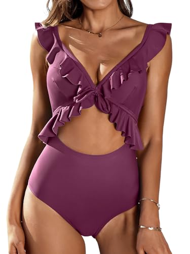 SOCIALA Womens Ruffle Cut Out One Piece Swimsuits Strappy Monokinis Swimwear Bathing Suits