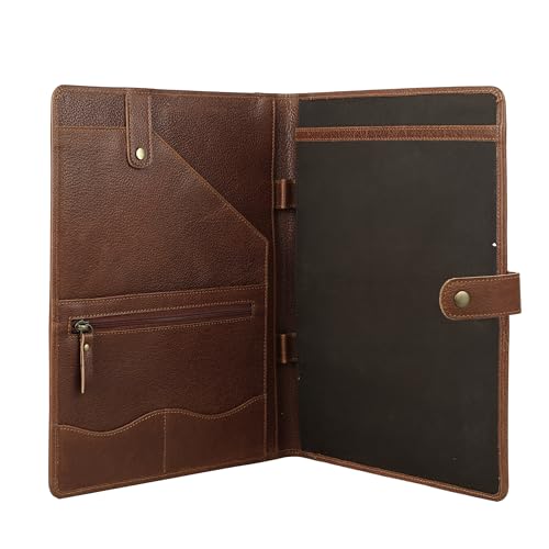 Image of KomalC Leather Portfolio Folder with Button Closure | Business Padfolio for Professionals | Vintage Organizer with Legal Pad Holder, Card Slots & Document Pockets
