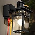 APOTO Porch Lights with GFCI Outlet, Black Dusk to Dawn Motion Sensor Outdoor Lights, 3-Mode Wall Exterior Lighting Fixture, Waterproof Outside Lights Sconce for House Front Door Patio Garage