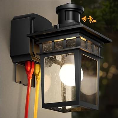 APOTO Porch Lights with GFCI Outlet, Black Dusk to Dawn Motion Sensor Outdoor Lights, 3-Mode Wall Exterior Lighting Fixture, Waterproof Outside Lights Sconce for House Front Door Patio Garage