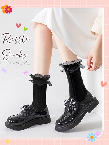 6 Pairs Women's Crew Socks Casual Cute Ankle Socks Breathable Cotton Ruffle Frilly Socks Princess Ankle Dress Socks for Girl Women2