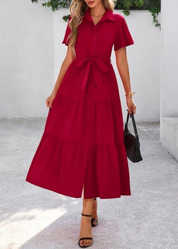 KIRUNDO Summer Button Down Wedding Guest Shirt Dresses for Women Maxi Flutter Short Sleeve Flowy Tiered Beach Sun Dress(Wine Red, Small) — view 3