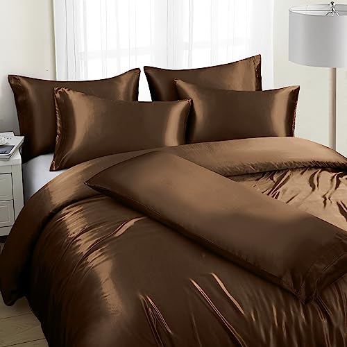 Image of Ersmak 6 Pieces Satin Duvet Cover King Size Luxury Silky Bedding Duvet Cover Set with 1 Soft Duvet Cover, 4 King Pillowcases and 1 Body Pillowcase, Brown