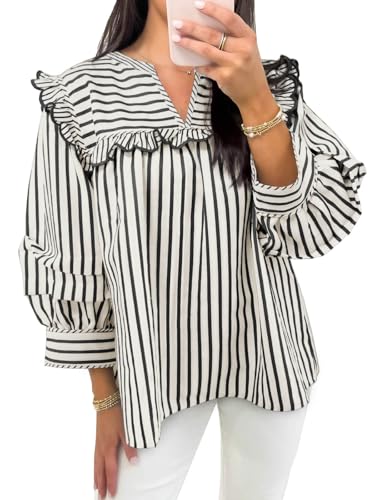 Cicy Bell Womens Striped Babydoll Tops Ruffle V Neck Puff