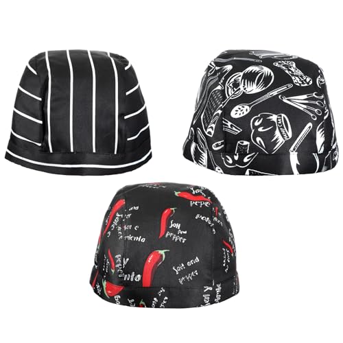 3 Pcs Pack Chef Hats, Professional Head Scarf for Men and Women, Adjustable Kitchen Cooking Cap, Bandana Scarves & Turban Covers for Cooking Fit All Adults Black