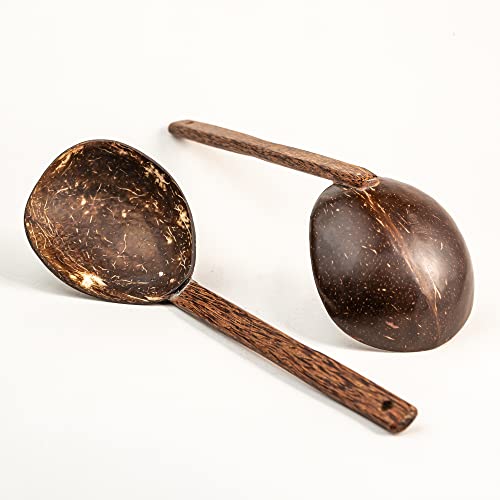 Image of Thenga Handmade Wooden Coconut Shell Serving Spoon Set - 33 cm | Eco-Friendly Kitchen Tools for Cooking & Serving | Safe for Non-Stick Pans & Clay Pots - Rustic Natural Utensils (Set of 2)