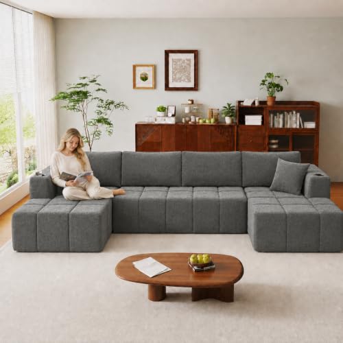 Image of KCGKCG 132 inch U Shaped Chenille Cloud Couch - No Assembly Required, Dark Gray