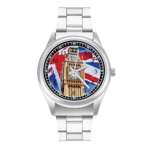 Big Ben - Reloj de pulsera de acero inoxidable con números arábigos personalizados, con bandera británica, para hombres y mujeres