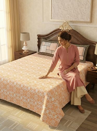 Image of Mafatlal 144 TC Sanskriti Cotton King Bedsheet | 90 x 108 Inches | Soft & Skin-Friendly | Handcrafted Jaipuri Print | 2 Pillow Covers | Persian Melon