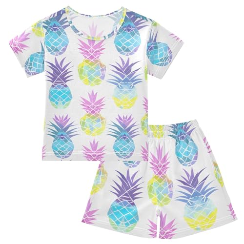 ALAZA Colored Pineapple Fruit Pajamas Short Sleeve 2 Piece Sleepwear Top and Bottom Pajama Set Unisex