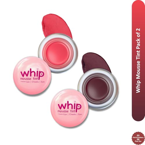 Image of Glam21 Whip Mousse Tint 3-in-1 | Lip, Cheek & Eye Tint | Vitamin E, Jojoba Oil & Shea Butter | Waterproof, Long-Lasting, Highly Pigmented | Lightweight Travel-Friendly Makeup | 4gm Each | Combo Pack Of 2 (Pink Strawberry&Plum Star)