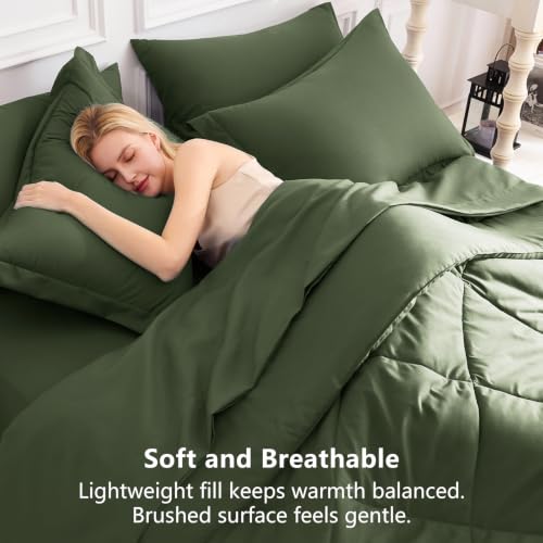 Image of CozyLux Oversized King Comforter Set Olive Green - 7 Pieces Bed in a Bag Comforter Set with Sheets, Luxury Soft Bed Set, Bedding Set with Down Alternative Comforter, Sheets, Pillowcases & Shams