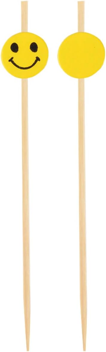 BambooMN 4" Decorative Yellow Smiley Smile Face Cocktail Sandwich Fruit Cupcake Bamboo Skewer Picks for Any Party, 1,000 Pieces