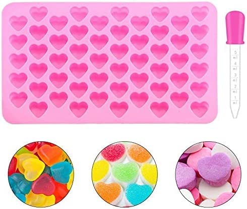 Heart Silicone Chocolate Mold + Dropper, BREEZO 55-Cavity Heart Shape Non-Stick Jelly Candy Gummy Molds DIY Wax Melt Moulds Ice Cube Molds Baking Accessoire for Valentine's Day Cake Decoration