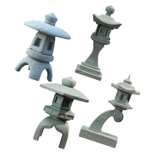 STOBAZA Japanese Stone Lantern Statue 4pcs Set – Hexagonal, Snow Viewing, Tall Square Ancient Style Mini Pagoda Figurines for Zen Garden, Aquarium, Bonsai Desktop Décor, Home Accent