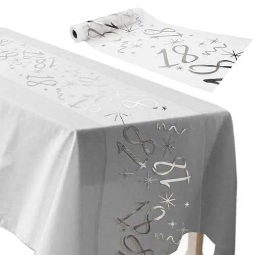 ddckj Chemin de Table Anniversaire 18 Ans 28CM x 10M Chemin de Table Joyeux Anniversaire Deko Argent pour 18 Femme Homme Décoration Fête Table Fille Garçon...