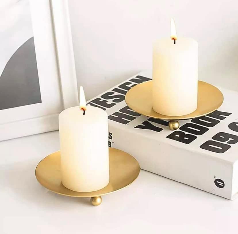 Next in Metal Metal T-Light Holder and Pillar Holder Plates , Black Iron Round Candle Tray Pedestal Candle Stand for Pillar Candles(Pack of 2 Gold)