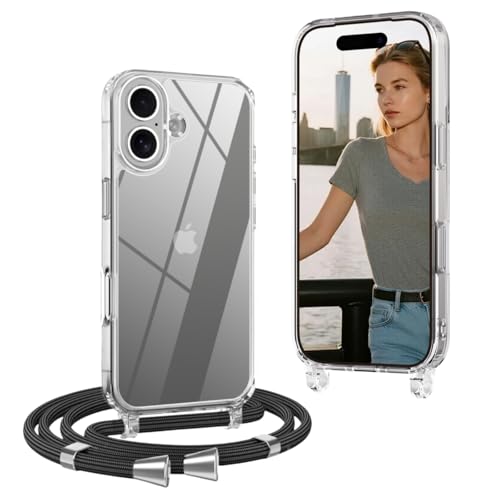OLEPHY Trasparente Cover con Cordino per iPhone iPhone 17 6,3'', Custodia con Regolabile Collana, [Antiurto] [AntiGraffio] Case con Laccio Tracolla, Nero