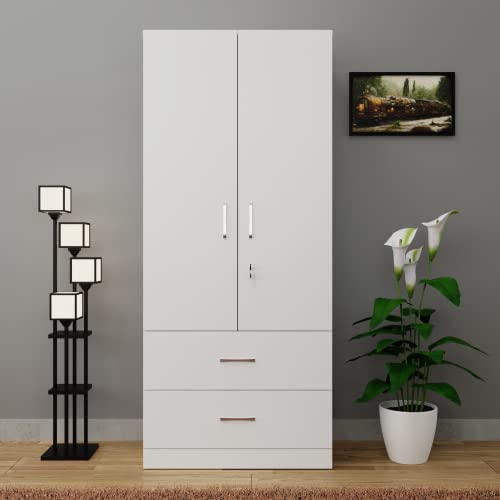 Image of VIKI Wardrobe | Wooden Almirah for Clothes,Door for Bedroom, 2 Door Wardrobe with Drawer & Hanging Space (Frosty White - 40D x 80W x 180H) | 1 Year Warranty | Free Assembly