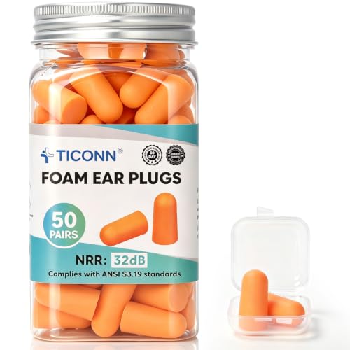 Image of TICONN Foam Ear Plugs, Hunting Earplugs 32dB NRR Noise Reduction Ear Plugs for Sleeping Fishing Passive Hearing Protection Travel Study Concentration (50 Pairs Bulk Pack)