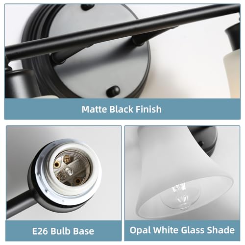 Image of LOUSACE 2 Light Bathroom Vanity Light Matte Black Bathroom Lighting Fixtures Over Mirror with Opal White Frosted Glass, Vintage Traditional Wall Lighting Fixture Vanity Lights