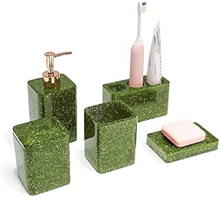 Suanti Bathroom Accessories Set 5 Pieces Bath Décor Sink Accessories with Soap Dispenser,Toothbrush Holder,Soap Dish,Bathroom Tumbler Cup, Lid Cotton Jar,Sparkly Green Bath Set Shower Accessory-470ml