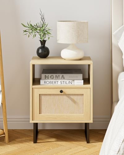 Image of Rattan Nightstand, Mid Century Modern Night Stand,Boho Farmhouse Wood Bedside Table with Storage and Open Shelf, End Side Accent Table for Bedroom,Living Room,Oak