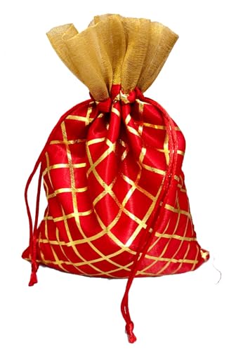 Image of 13CM X 18CM Small Drawstring Bags Pouches Potli for Gift Wedding Jewelry Packaging Bridal Party Favors for Women (15pc Pack, Red Color Golden Berfi Print)