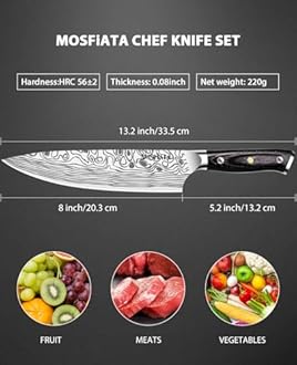 MOSFiATA 8" Super Sharp Professional Chef's Knife with Finger Guard and Knife Sharpener, German High Carbon Stainless Steel EN1.4116 with Micarta Handle and Gift Box
