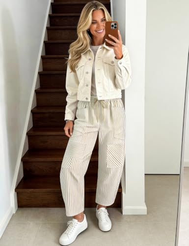 Image of TARSE Womens Striped Linen Barrel Pants with Pockets Y2k Patchwork