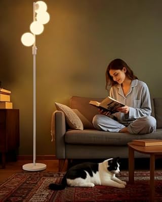 Lightdot 64IN Dimmable (Brightness Adjustable) Globe Floor Lamp, White Standing Lamps with 4PCS 3000K G9 Bulbs Soft Warm White Eye Care, Mid Century Modern Floor Lamp for Living Room