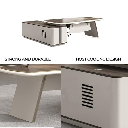 Image of Lakdi The Furniture Co Director L-Shape Office Table Luxury Desk with Multi-Function Ports Functional Hettich & Blum Hardware Drawers and Ample Storage - Beige and Dark Brown - LDL-602