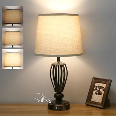USB Bedside Lamp, 3-Way Dimmable Touch Table Lamp with USB C+A Charging Ports Industrial Table Lamp Black Metal Base Farmhouse Reading Lamp for Bedroom, Living Room, Office or Study LED Bulb Included