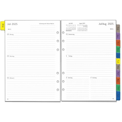 2025 2026 Wochenplaner Einlage A5 6 Löcher, Deutsch, 1 Woche 2 Seiten mit Tabs, Extra Notizen Kontakt, von Aug.25 bis Jul.26, Dicker Papier, 100 gsm, Kalendereinlagen für Kalender 2025 2026 Planer