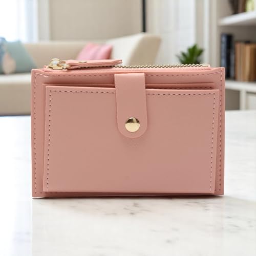 1Pcs Simple Wallet Short Snap & Zip Card Holder PU Leather Baby Pink 13.5x9cm