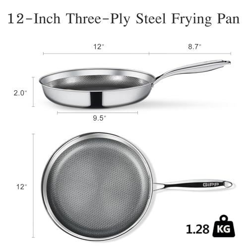 Image of GiPP Tri-Ply Stainless Steel Frying Pan, 12 inch Hybrid Frying Pans Nonstick Skillets, Dishwasher and Oven-Safe, Induction Ready, Compatible with All Cook tops, PFOS /PFOA Free